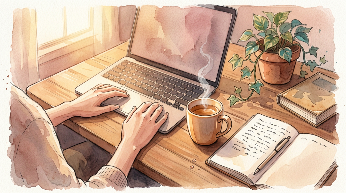 Watercolor illustration of a personal study setup at golden hour — laptop, hands resting near the keyboard, steaming tea, open notebook, plant