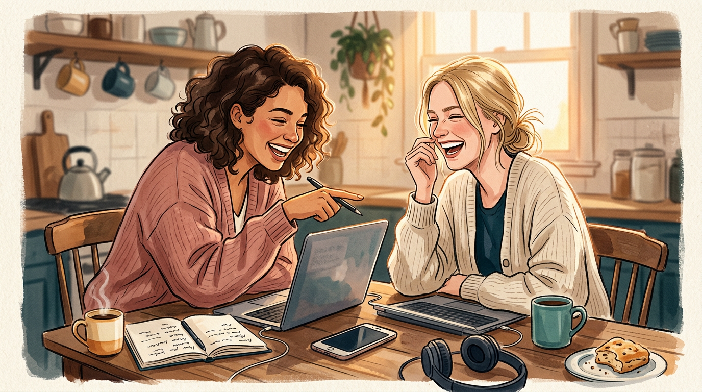 Two friends in soft cardigans laughing together at a kitchen table over open laptops, mugs of coffee, a notebook and headphones — practicing together on a Sunday afternoon.