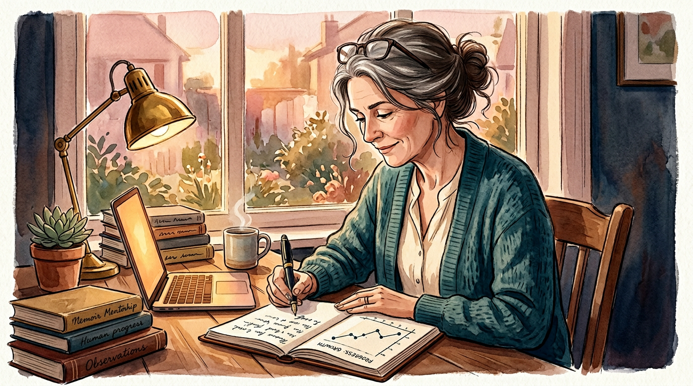 A supervisor at her wooden home-office desk in late-afternoon window light, writing thoughtful observations into a leather notebook open to a hand-drawn upward growth chart — quiet attention to a student's progress.