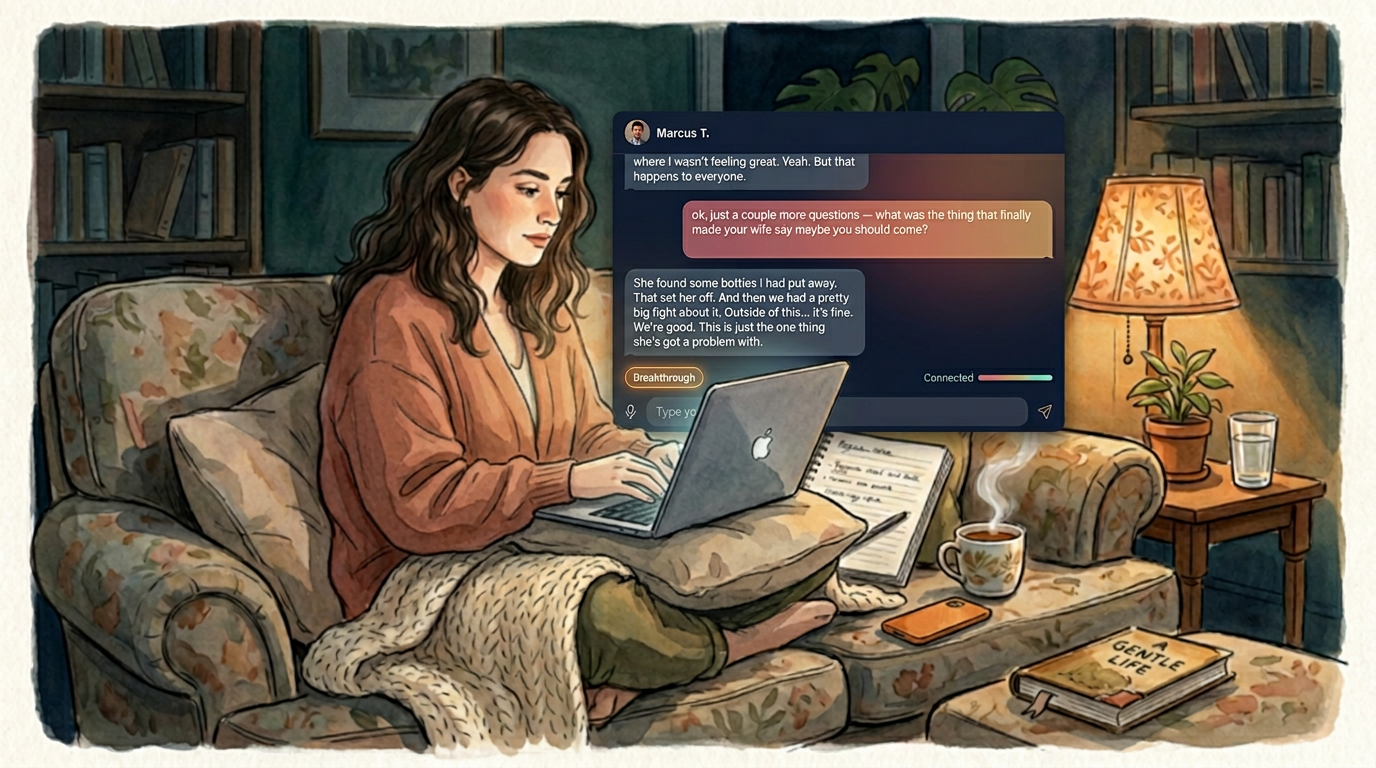A counseling student curled up on her couch at night with a laptop on her lap, deep in a simulated session — the chat shows Marcus opening up about hidden bottles and a fight with his wife, with a 'Breakthrough' moment surfaced in real time. A face-down phone and steaming mug sit beside her.