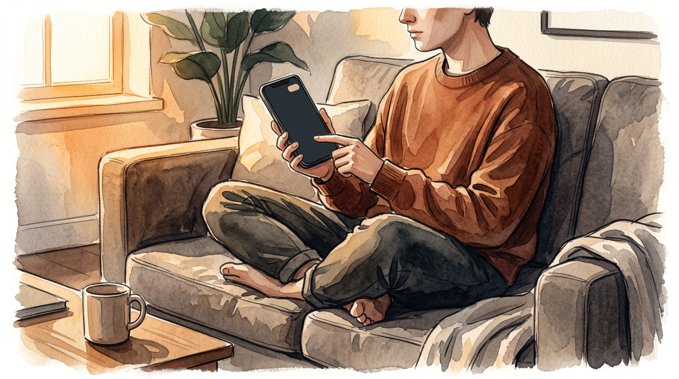 A counseling student cross-legged on a living-room couch, late afternoon light, phone in both hands mid-practice — a small chip surfaces nearby: 'Reflection acknowledged.'
