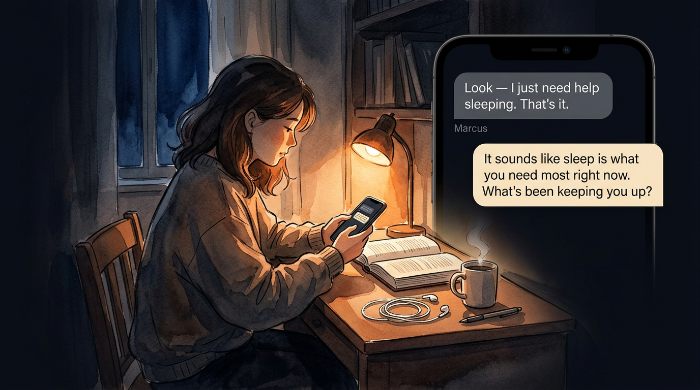 A counseling student at her dorm desk at night, lamp glowing warm, holding her phone — Marcus saying he just needs help sleeping. The moment you'll actually use this.