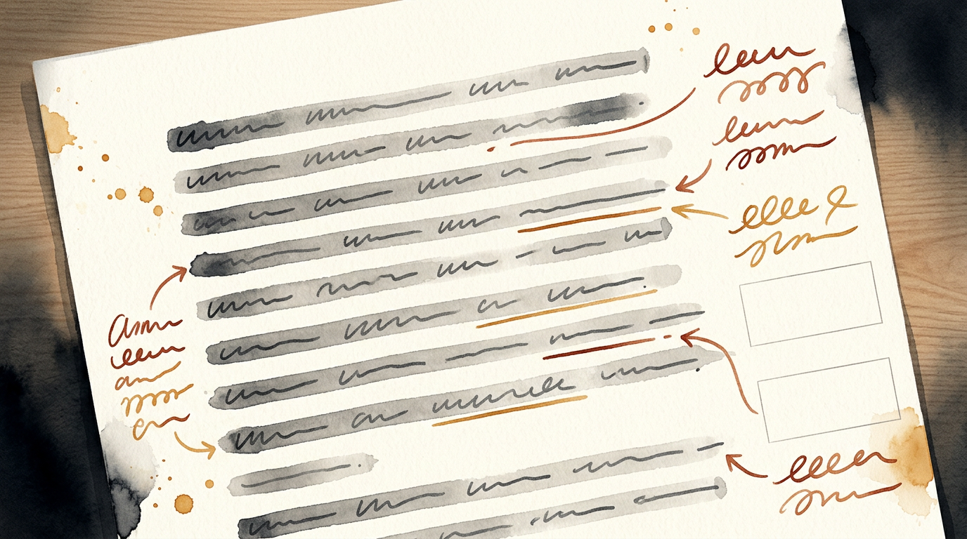 A painted session transcript with warm handwritten margin notes — two sharp annotation badges surface alongside: a 'Strength' badge for naming the feeling, and a 'Try Next' nudge to sit with the silence one beat longer.