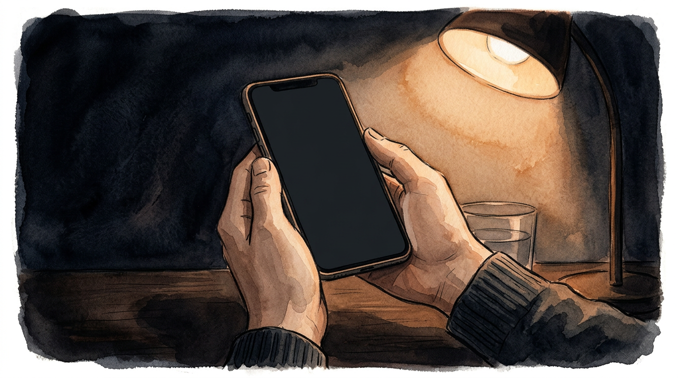 Late at night, a single warm lamp illuminates two hands holding a phone — a sharp practice scenario card surfaces on the screen: Marcus, session 2, expressing passive suicidal ideation. Framed as practice.