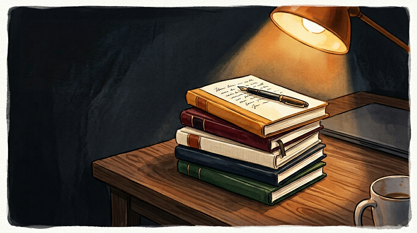 A stack of personal journals on a wooden desk under a warm lamp at night — a sharp counter surfaces nearby: 12 sessions this month, 5-day streak.