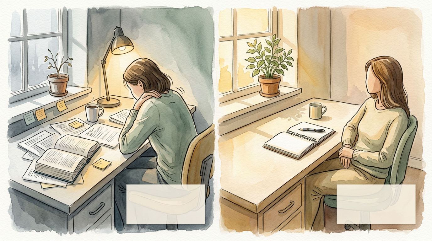 Two watercolor scenes of the same student desk: early semester (overwhelmed, scattered papers, sparse plant) beside mid-semester (relaxed posture, single notebook, healthy plant) — with skill-pillar progress dots overlaid showing 2 of 6 vs 5 of 6.
