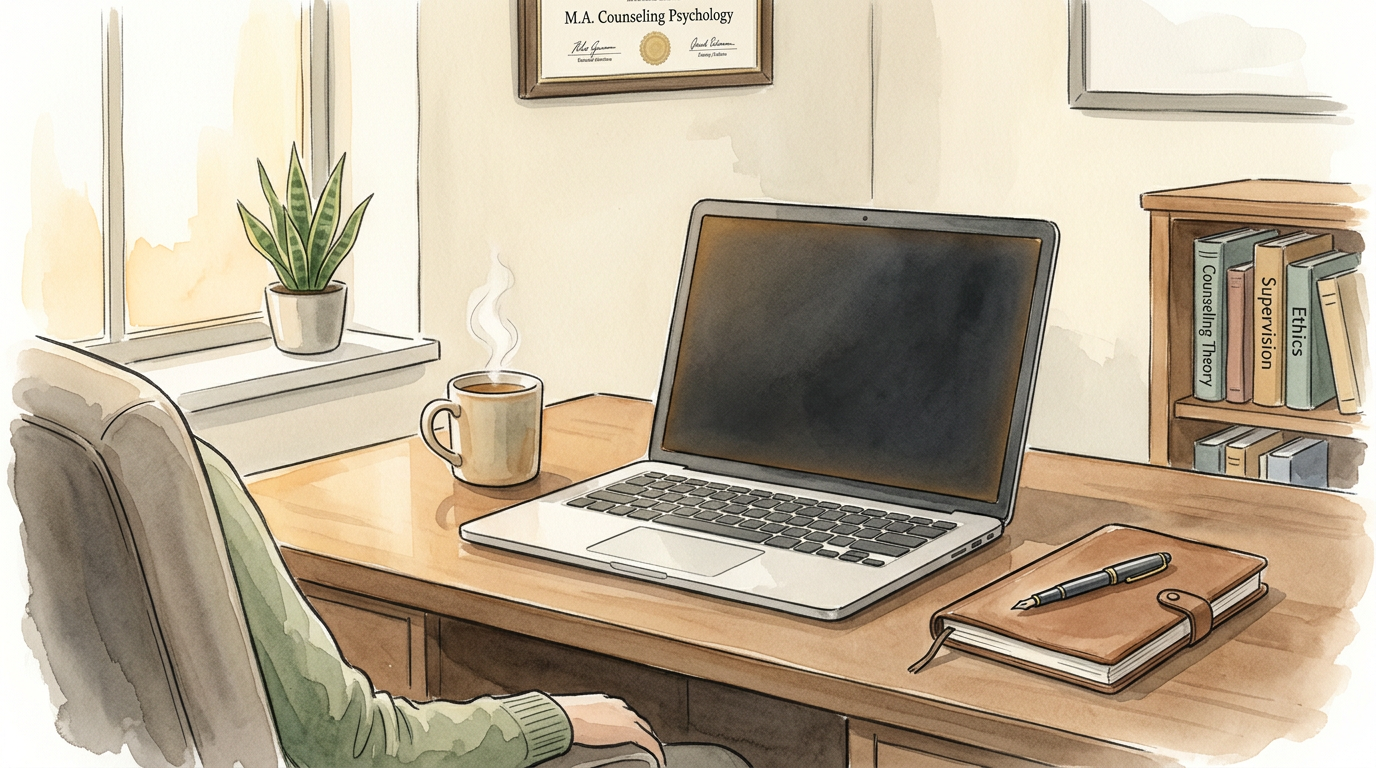 A counseling supervisor at her office desk reviewing the Skills Matrix on a laptop — student progress across the six clinical pillars at a glance.